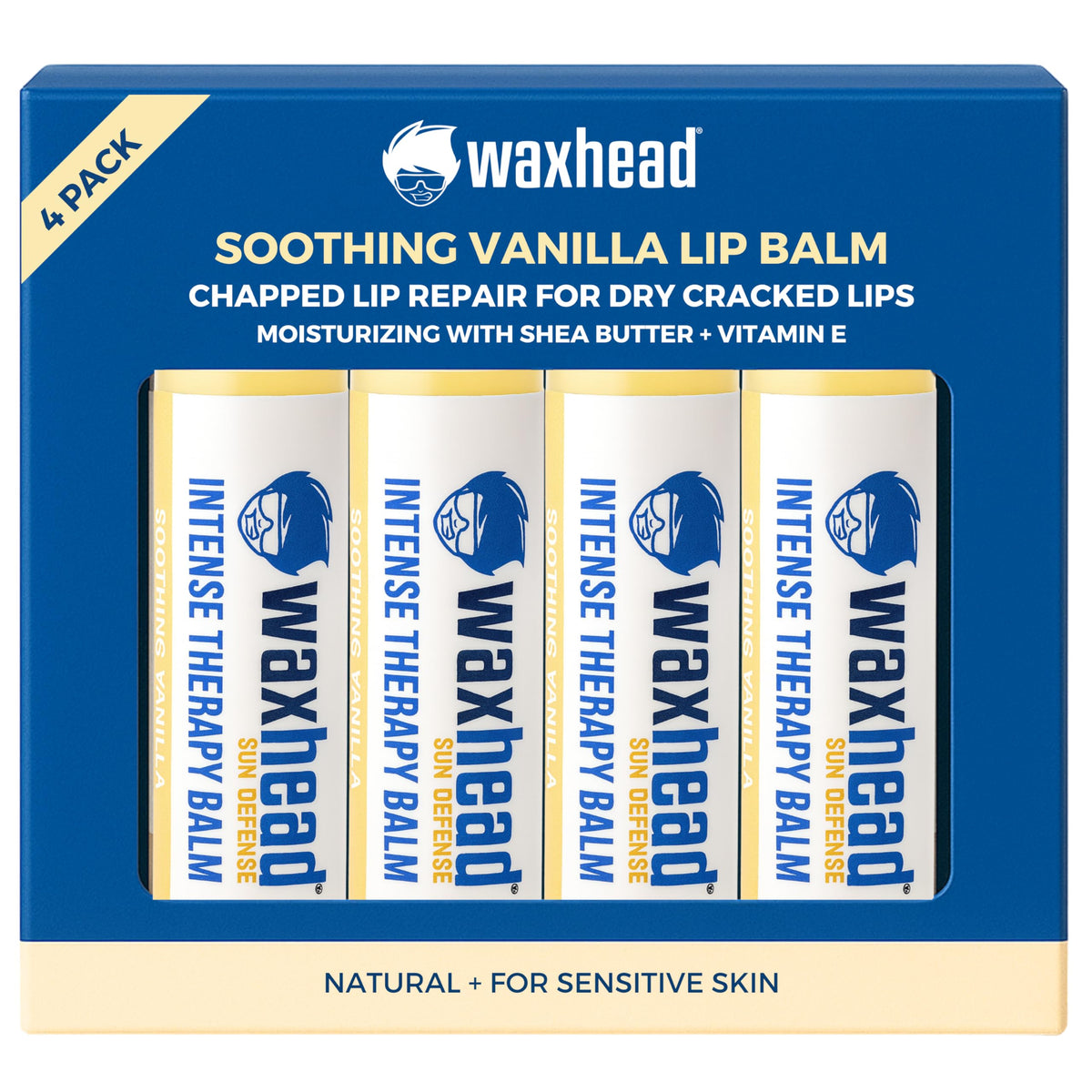 Waxhead Organic Lip Balm vanilla 4-pack packshot showing hydrating, portable lip repair on the go