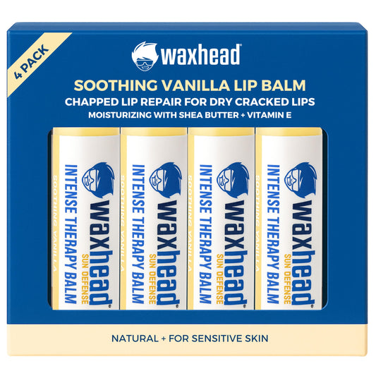 Waxhead Organic Lip Balm vanilla 4-pack packshot showing hydrating, portable lip repair on the go