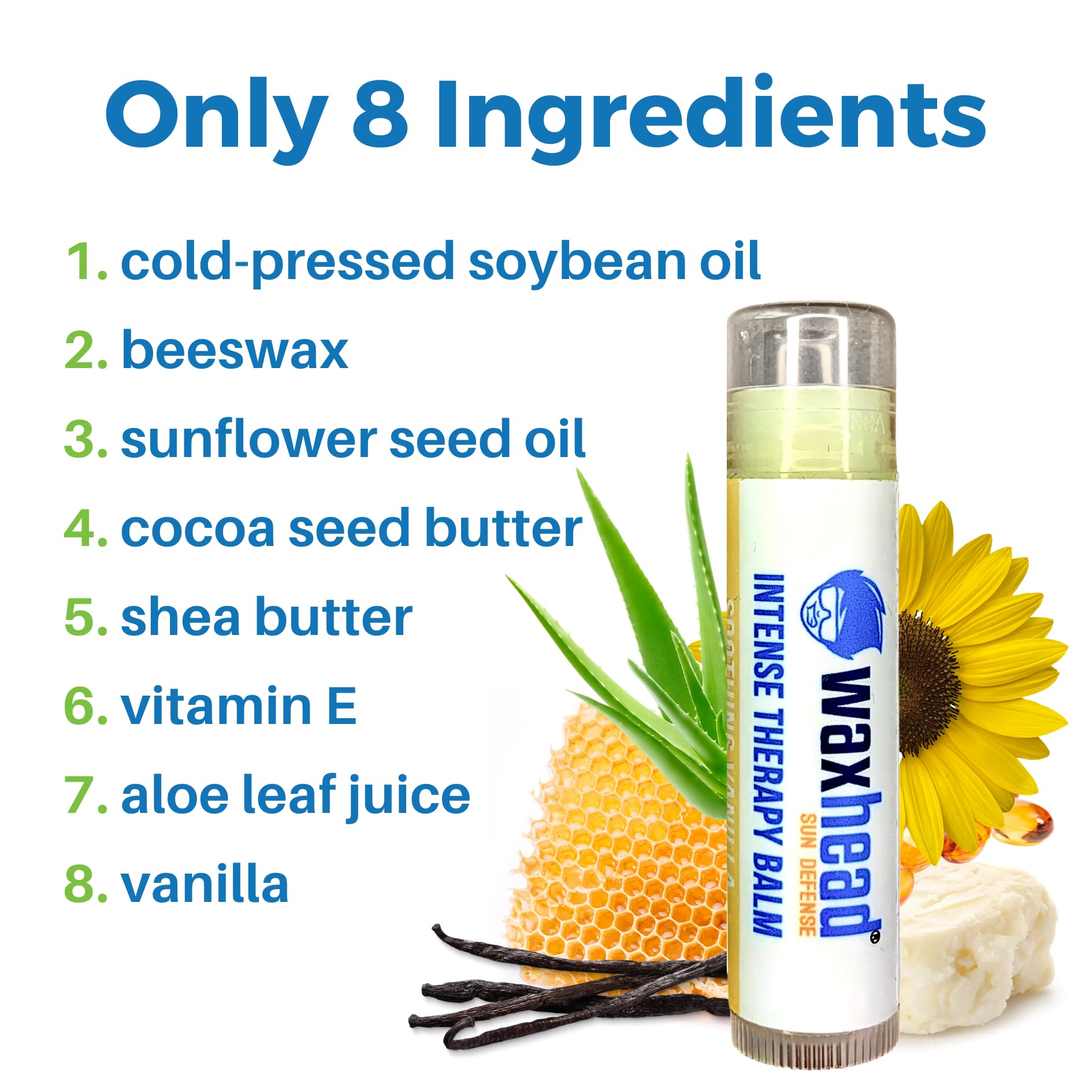 Waxhead Organic Lip Balm vanilla ingredients visual highlights natural oils and butters
