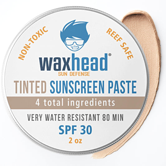 Waxhead tinted zinc oxide sunscreen on the face provides visible coverage with UV protection