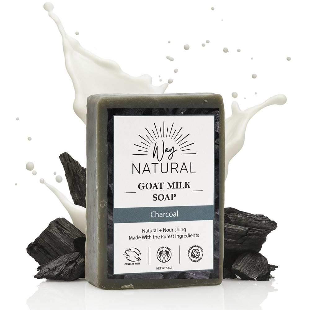 Way Natural activated charcoal soap bar with goat milk close-up for deep cleansing
