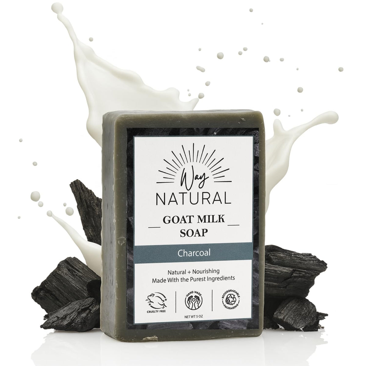 Way Natural activated charcoal soap bar with goat milk close-up for deep cleansing