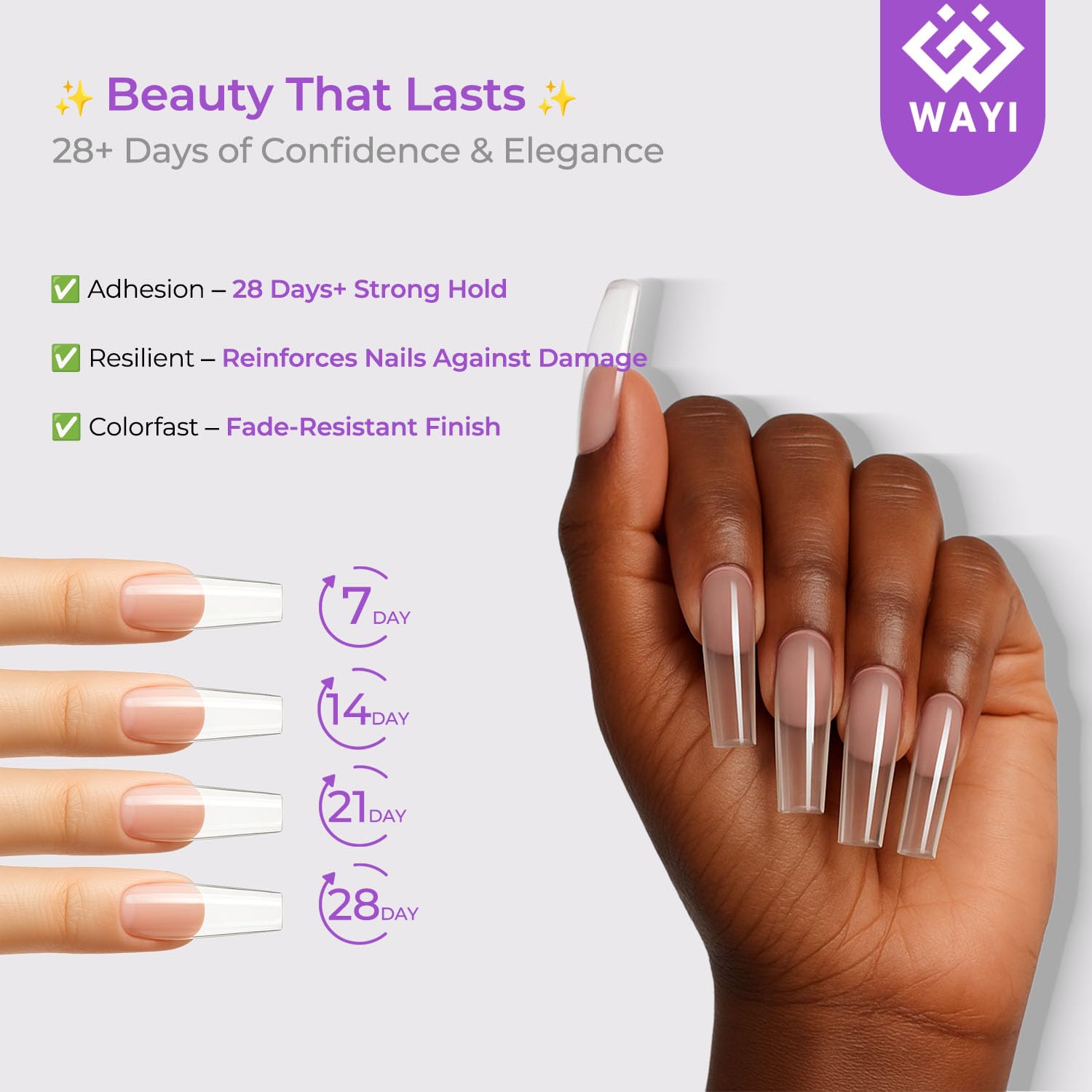 WAYI clear nail tips set for extending natural nails.