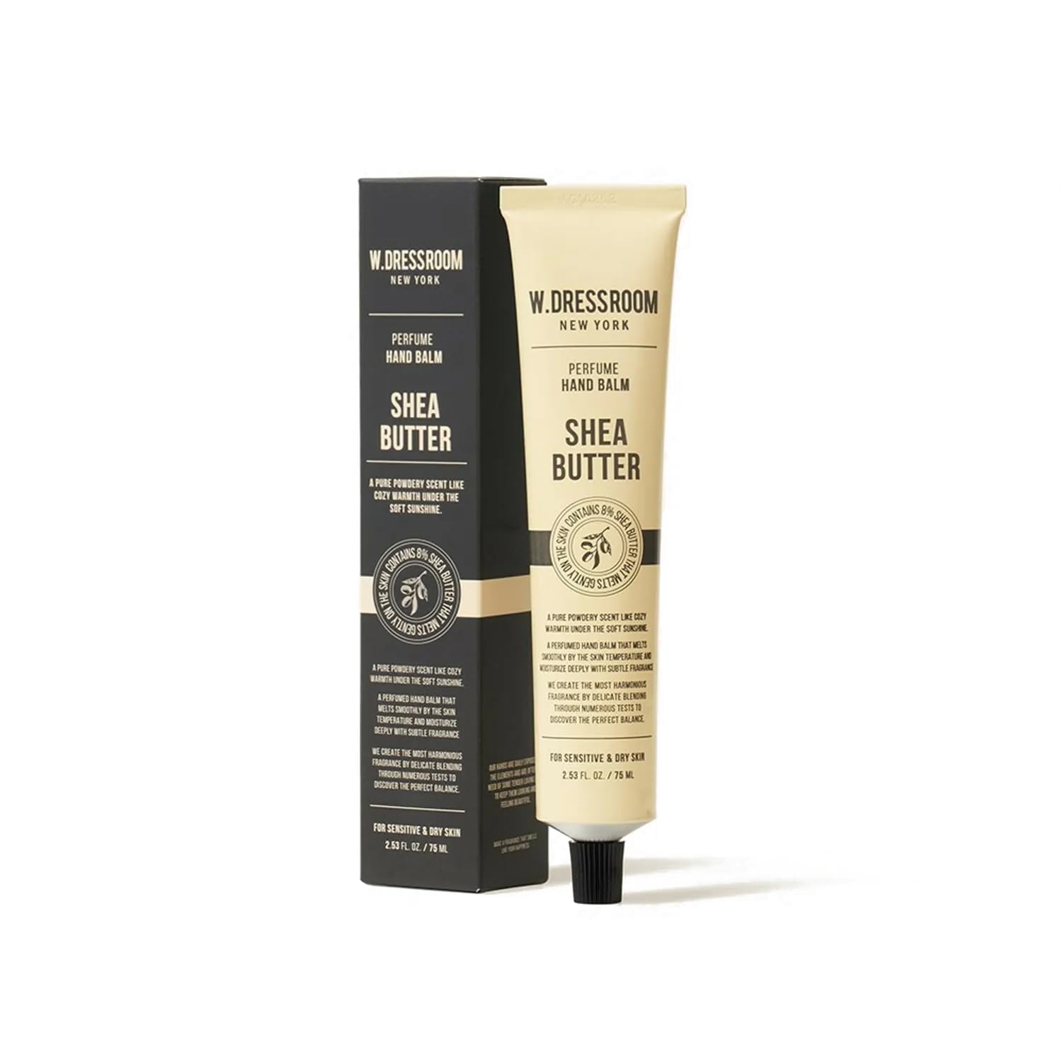 W Dressroom perfume hand balm in 75ml packaging for travel-friendly care.