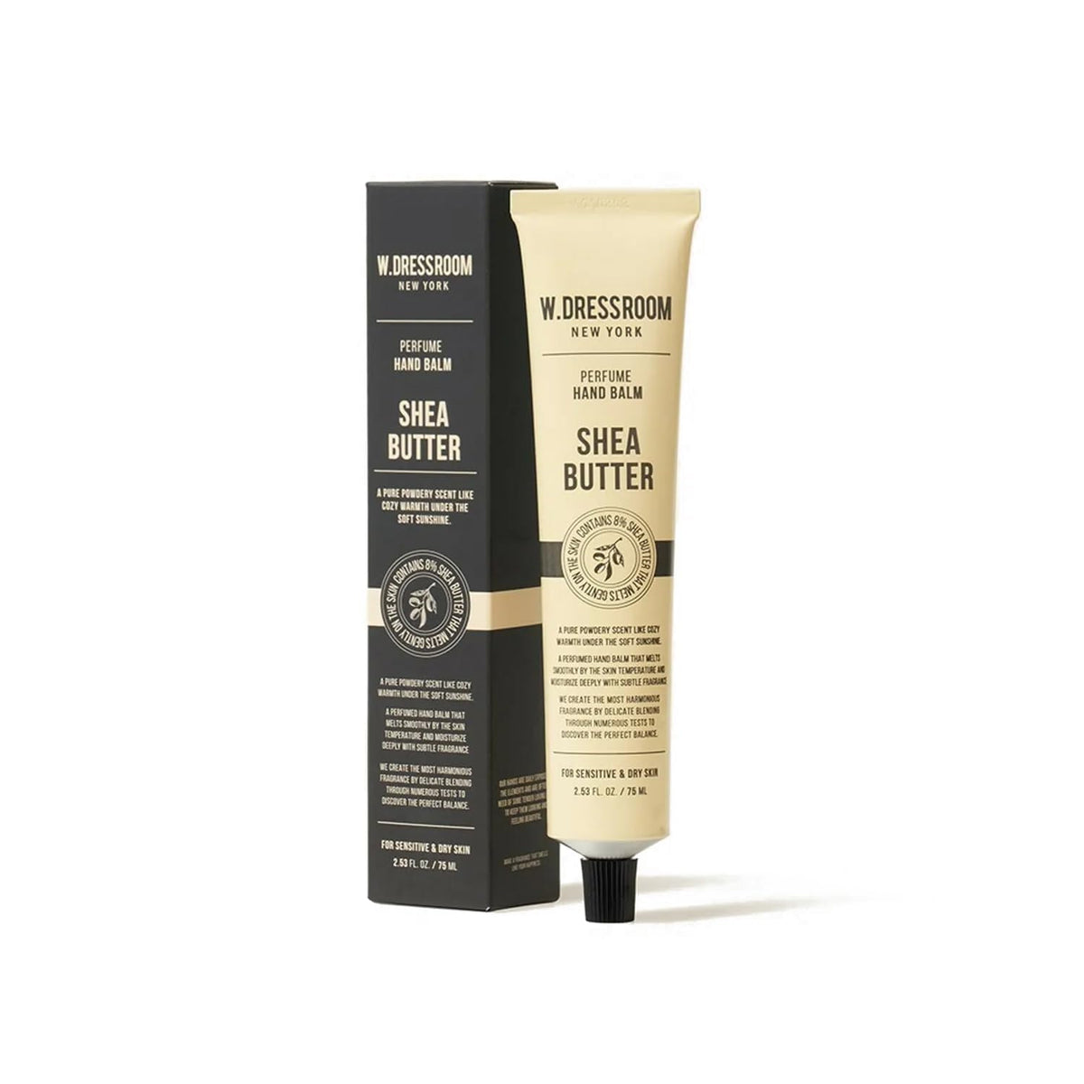 W Dressroom perfume hand balm in 75ml packaging for travel-friendly care.