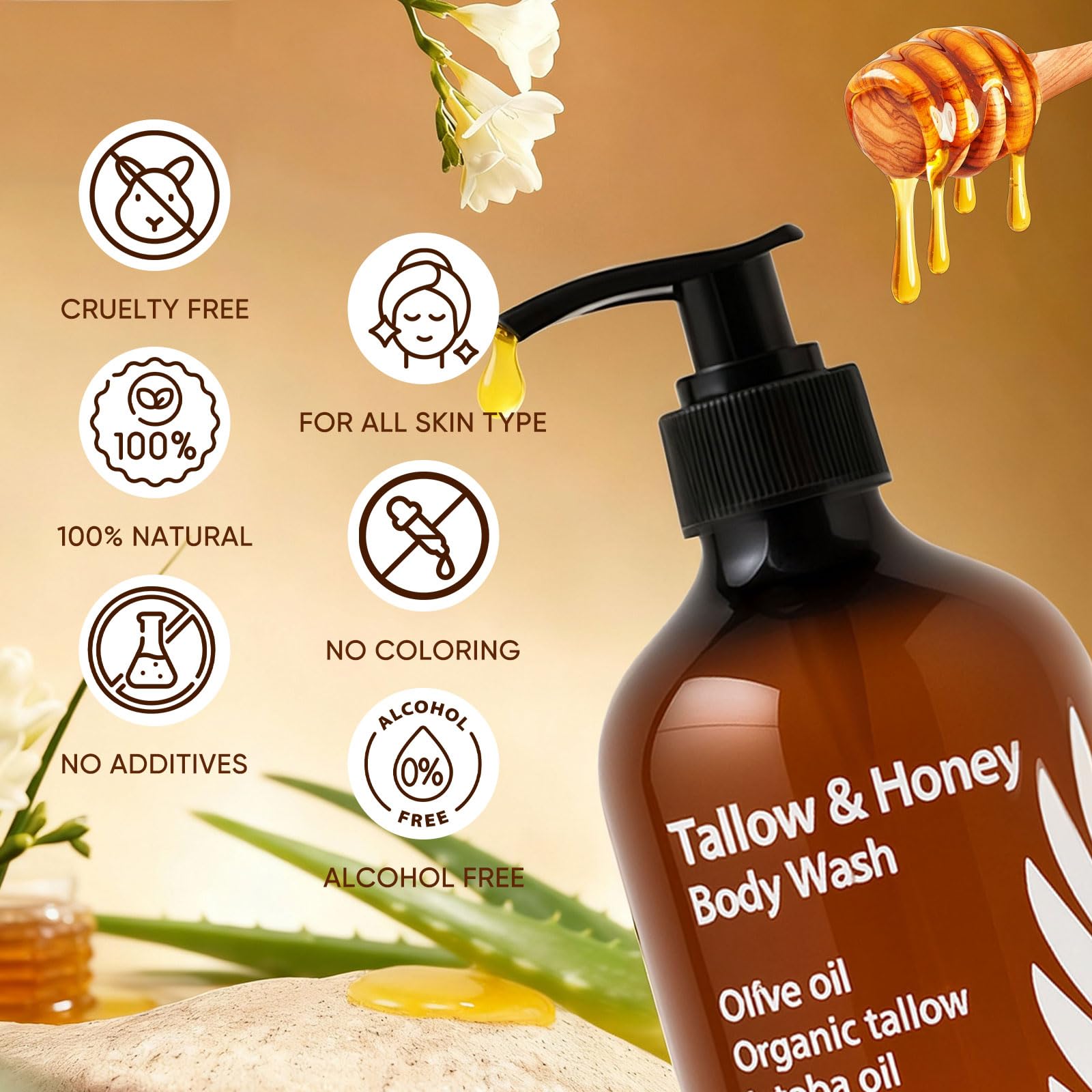 WDVNEX Tallow and Honey body wash in shower setting hydrating cleanse.