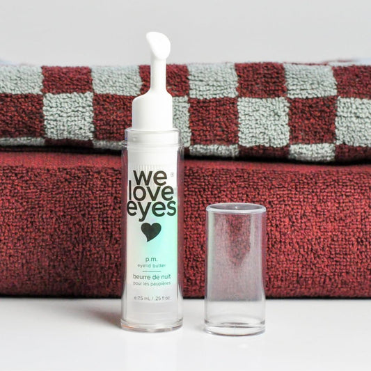 We Love Eyes PM Eyelid Butter night application demonstrates smooth moisture.
