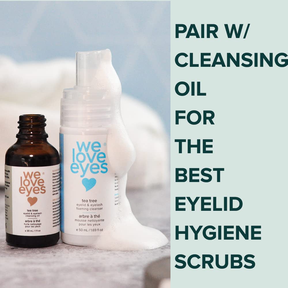 We Love Eyes foaming texture applied to eyelids for gentle cleansing.