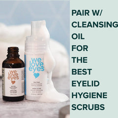 We Love Eyes foaming texture applied to eyelids for gentle cleansing.