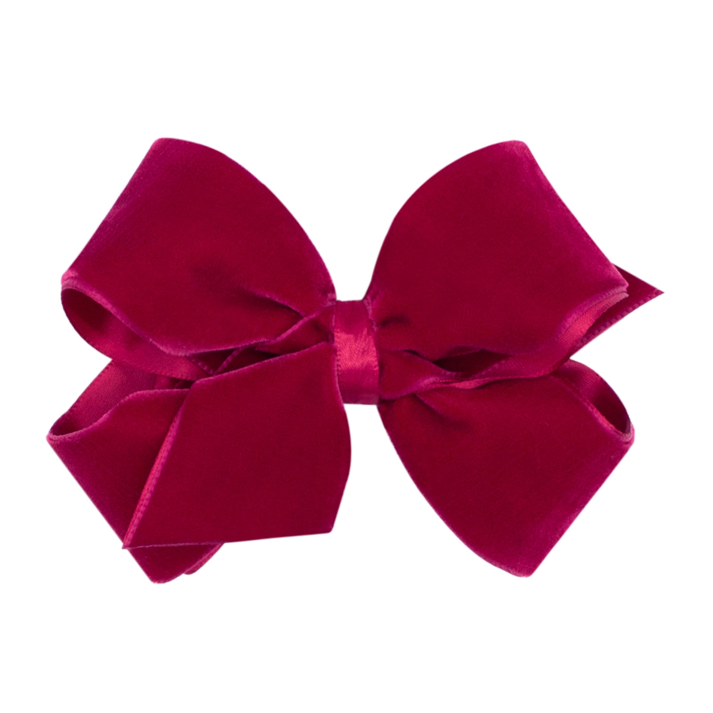 Wee Ones cardinal velvet hair bow close-up with satin lining for festive hairstyles.