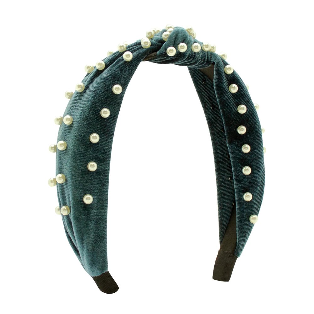 Wee Ones velvet-wrapped sapphire headband with knot and pearls for adorable, secure all-day wear
