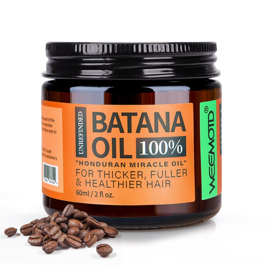 WEEMOTD batana oil bottle close-up highlighting hair nourishment and shine.