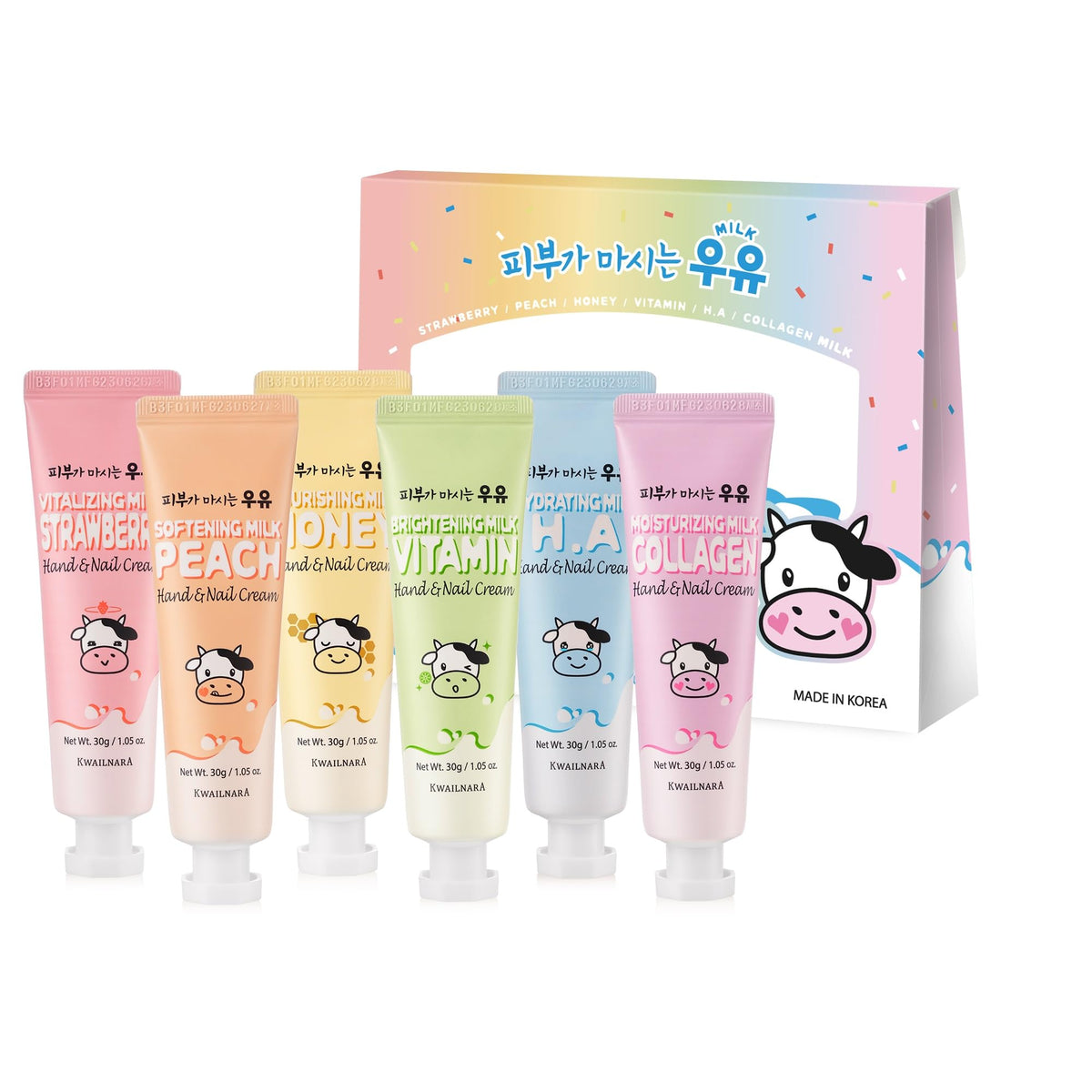 KWAILNARA Milk Hand & Nail Cream gift set by WELCOS — flatlay with six nourishing tubes.