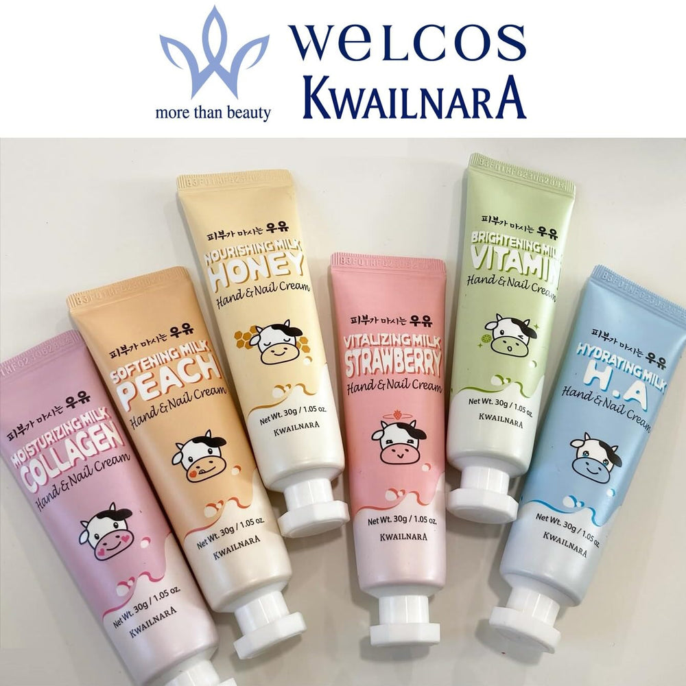 KWAILNARA Milk Hand & Nail Cream tubes close-up—variety for daily hand care and cuticle health.