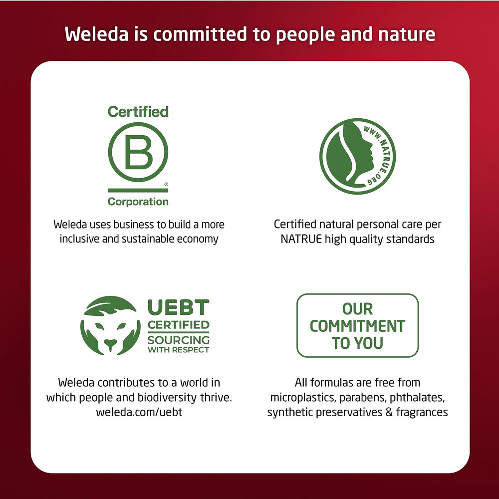 Weleda Natural and vegan ingredients stamp underscores gentle skincare.