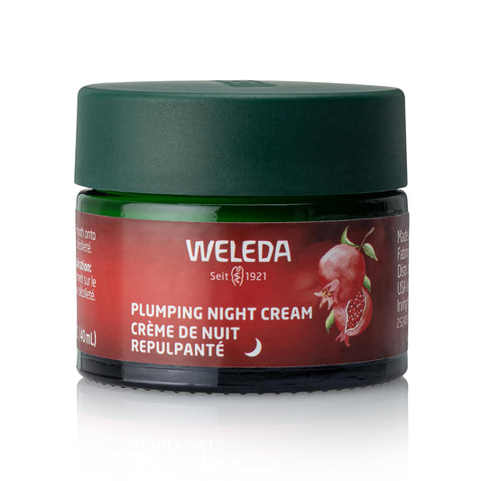 Weleda Plumping Night Cream jar closeup showing rich texture for overnight hydration.