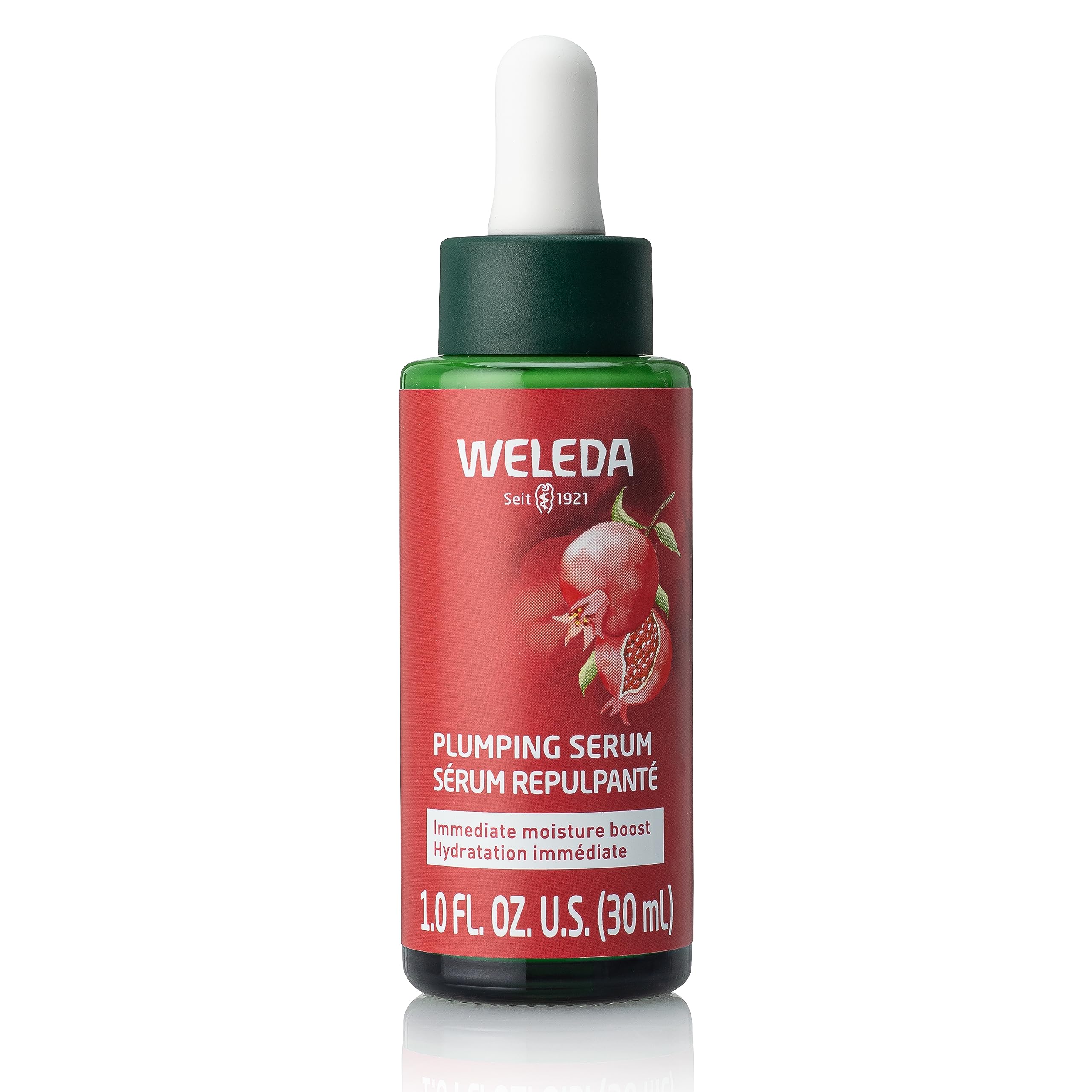 Weleda Plumping Serum bottle shown with dewy hydration and satin finish.