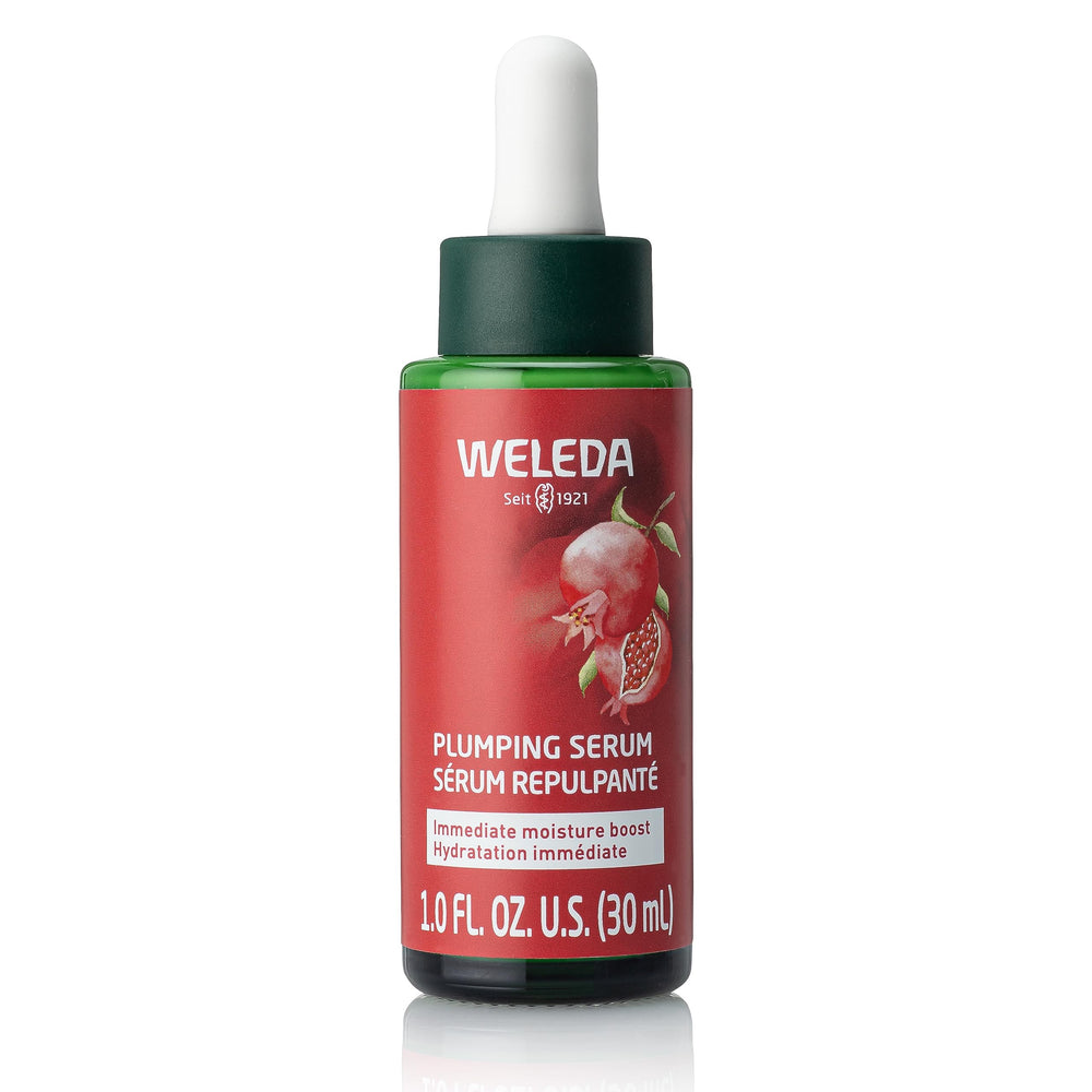 Weleda Plumping Serum bottle shown with dewy hydration and satin finish.