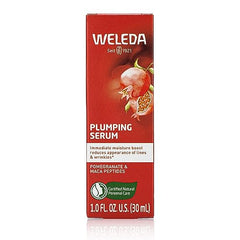 Weleda Plumping Serum ingredients card highlights aloe, pomegranate oil, and maca peptides.