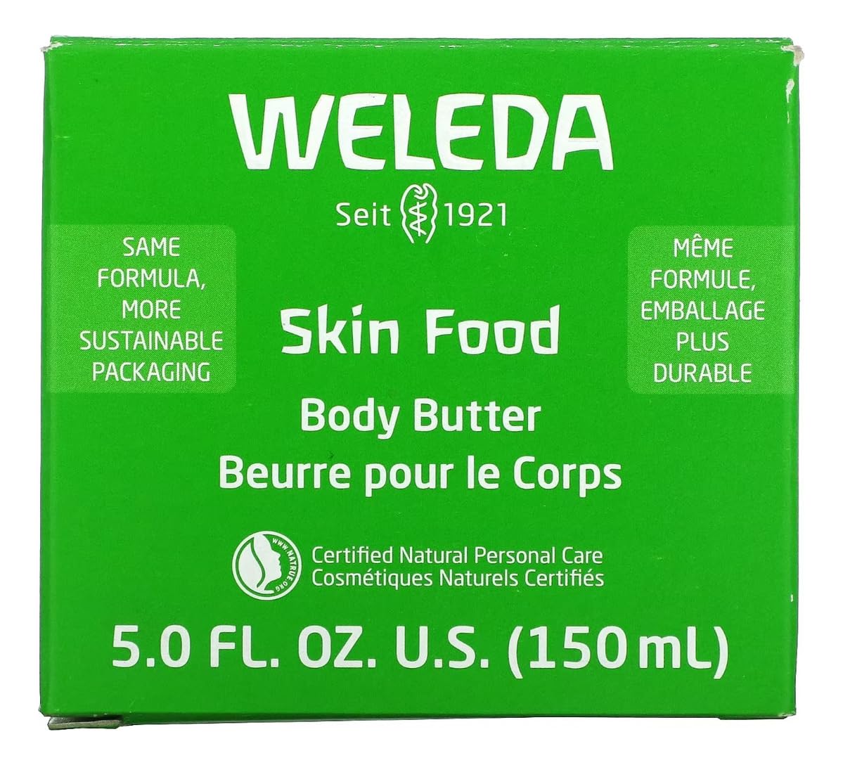 Weleda Skin Food Body Butter shown with the glass jar in a natural setting for sustainability.