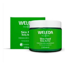 Weleda Skin Food Body Butter in a sustainable glass jar provides rich hydration for dry skin.