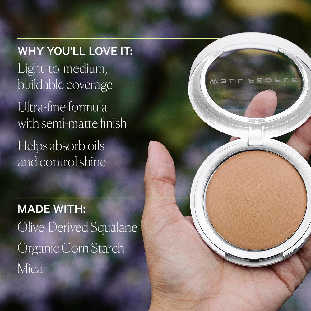 Well People Bio Powder Foundation with corn starch helps control excess oil and prevent creasing.