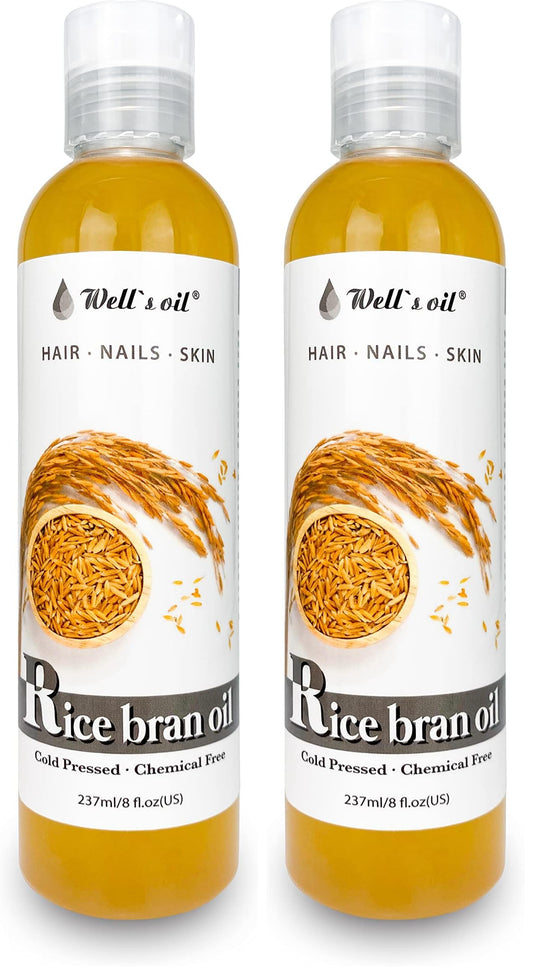 Well's Oil Rice Bran Oil bottle shows pure carrier oil for face, body, and hair.