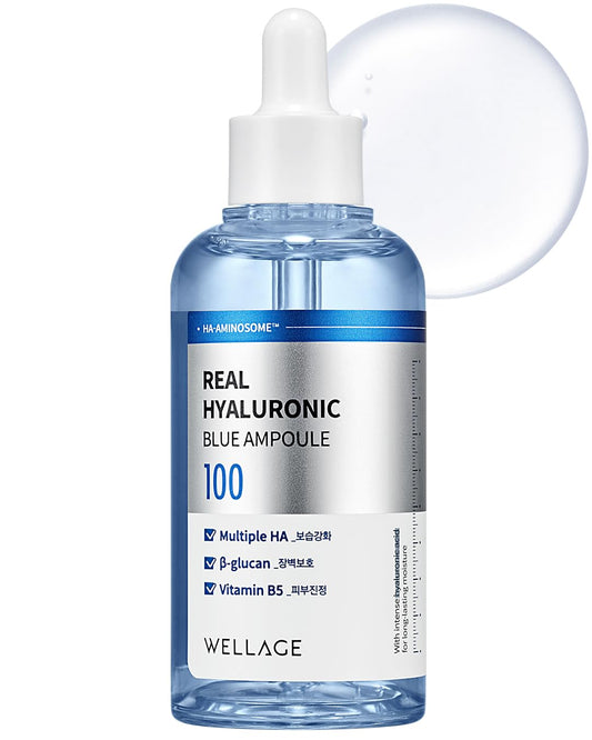 Wellage Real Hyaluronic Blue Ampoule bottle showcasing pure hydration for dry skin