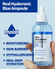 Wellage Real Hyaluronic Blue Ampoule packaging highlights fragrance-free, sensitive-skin friendly formula