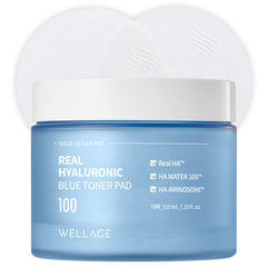 Wellage Real Hyaluronic Blue Toner Pad pack shown for hydration and gentle exfoliation