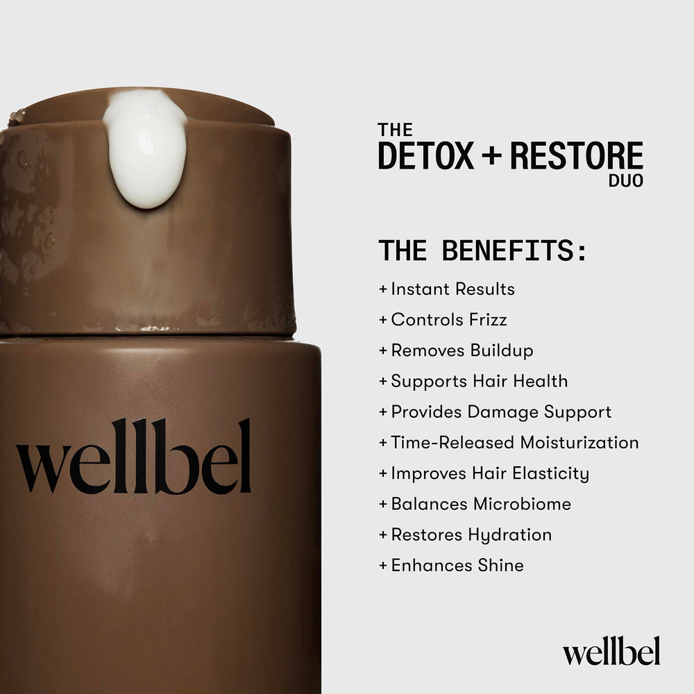 WELLBEL Detox + Restore Duo fragrance notes on bottle label evoke sanctuary scent.