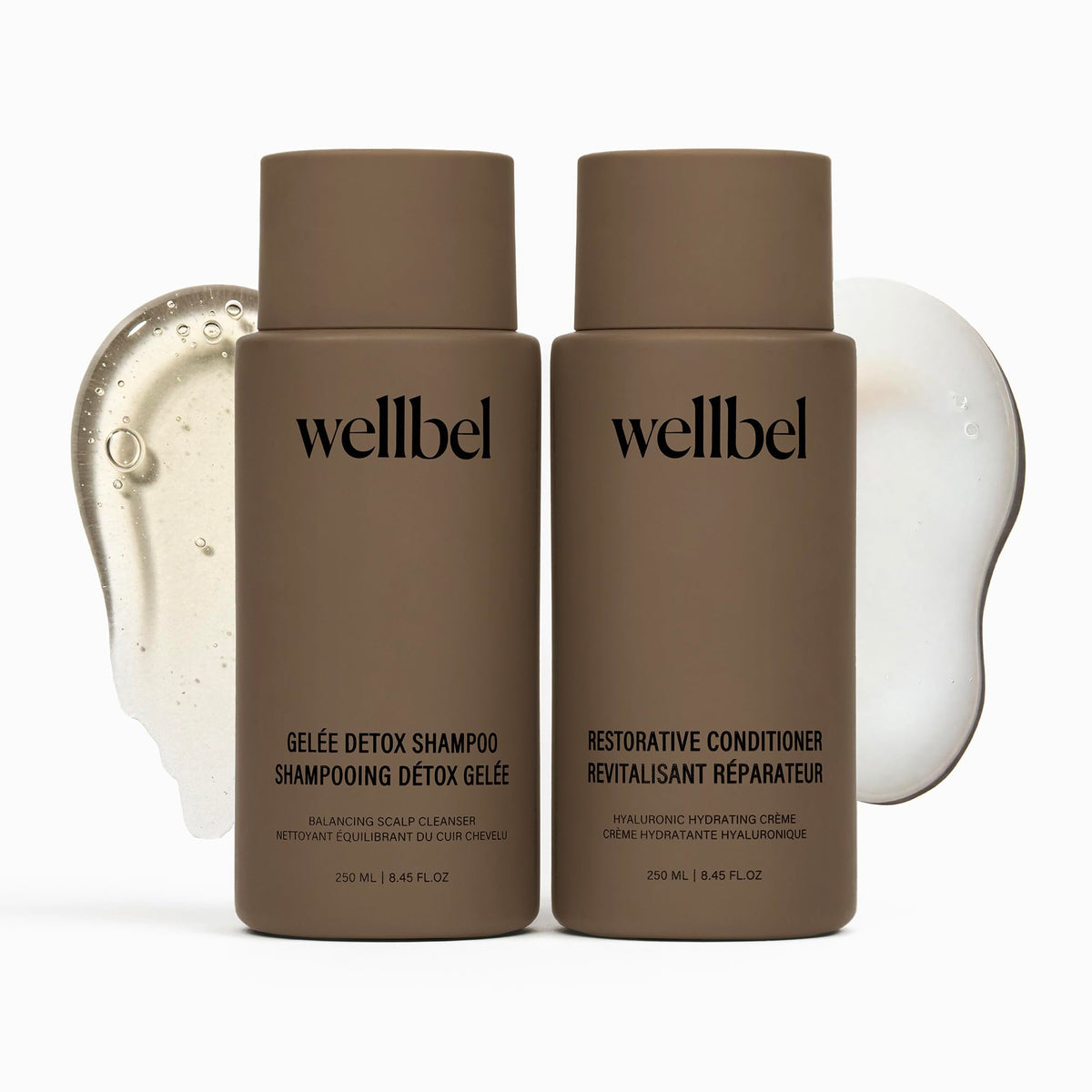 WELLBEL Detox + Restore Duo shampoo bottle promotes scalp cleansing and hydration.