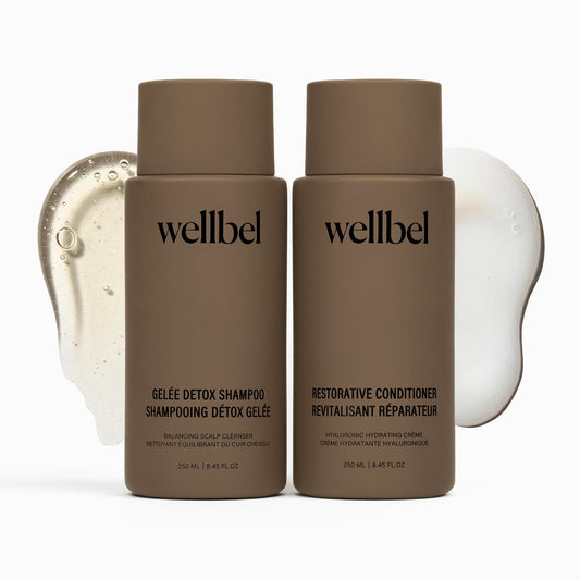 WELLBEL Detox + Restore Duo shampoo bottle promotes scalp cleansing and hydration.