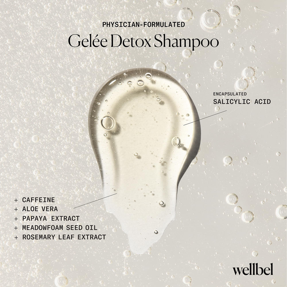 WELLBEL Gelée Detox Shampoo bottle emphasizing microbiome-safe, pH-balanced formula.