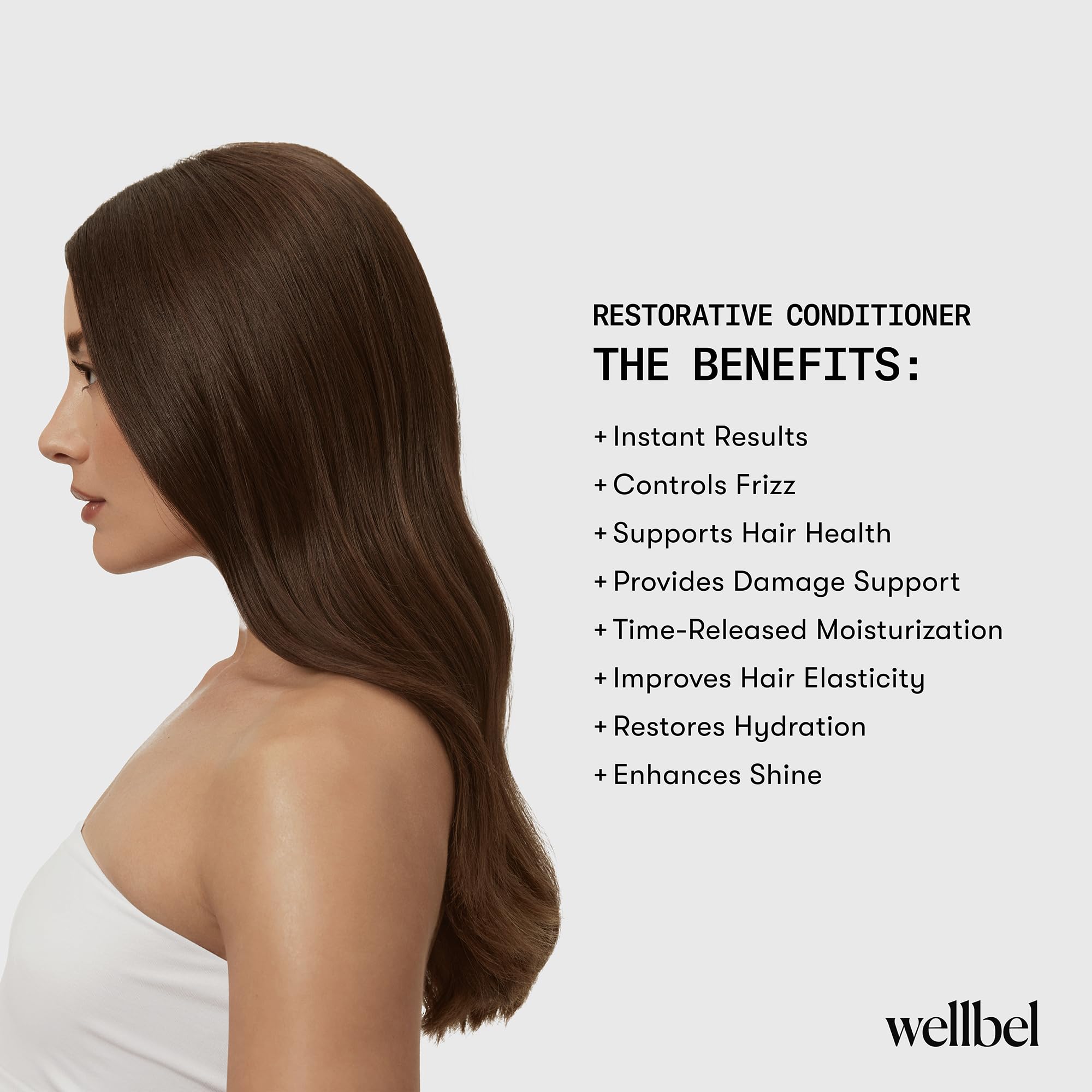 Wellbel Restorative Conditioner color-safe formula shown on bottle, sulfate-free and paraben-free.