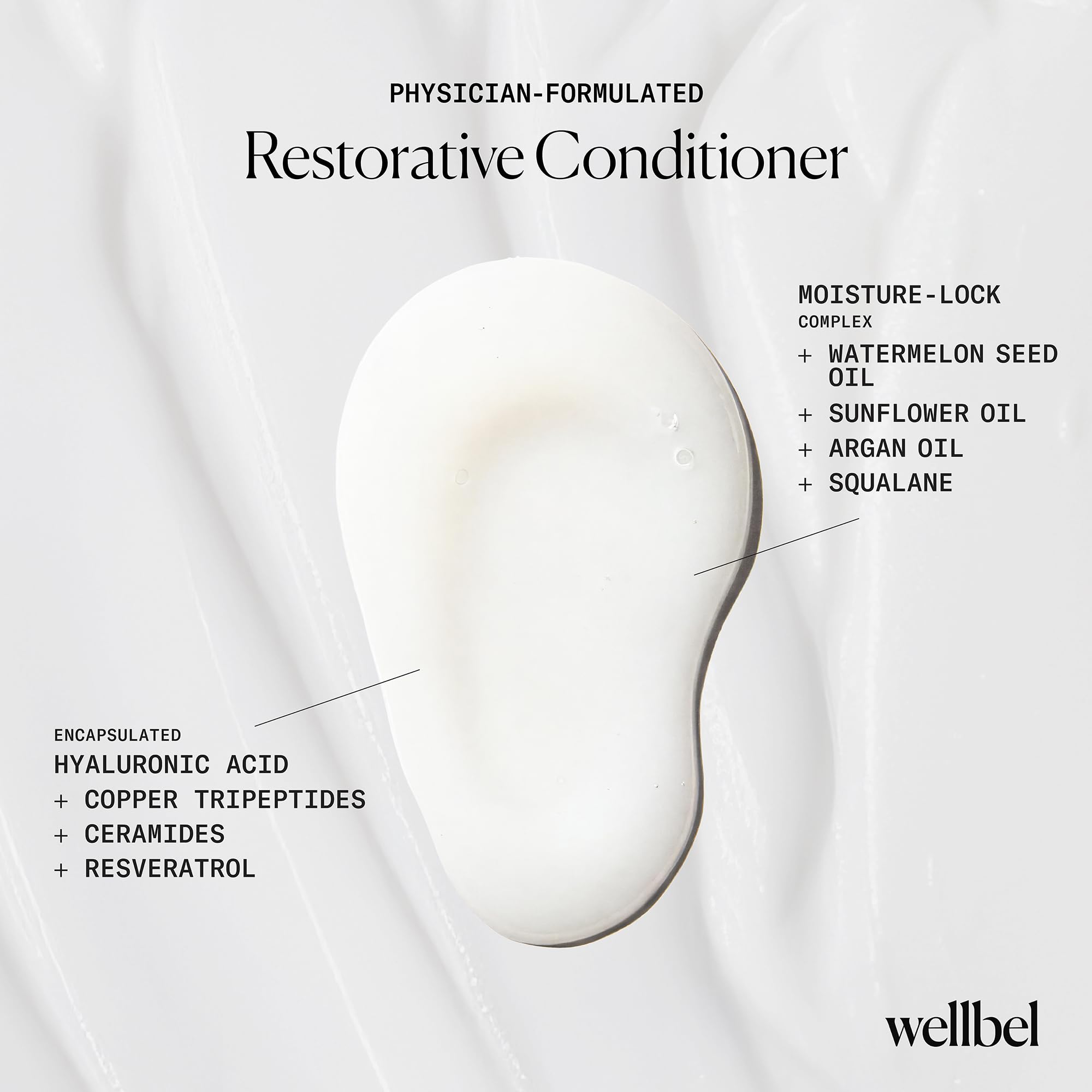 Wellbel Restorative Conditioner texture closeup reveals creamy, lightweight feel suitable for daily use.