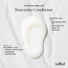Wellbel Restorative Conditioner texture closeup reveals creamy, lightweight feel suitable for daily use.