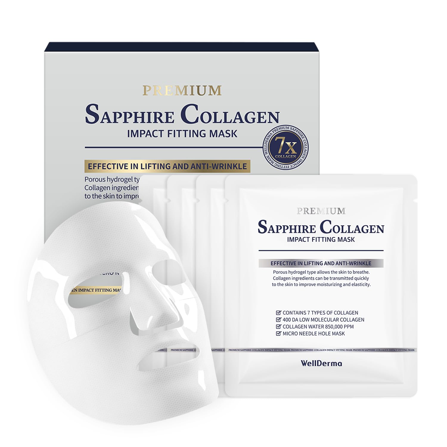 Wellderma Sapphire Collagen Mask packaging showcases premium hydration care.