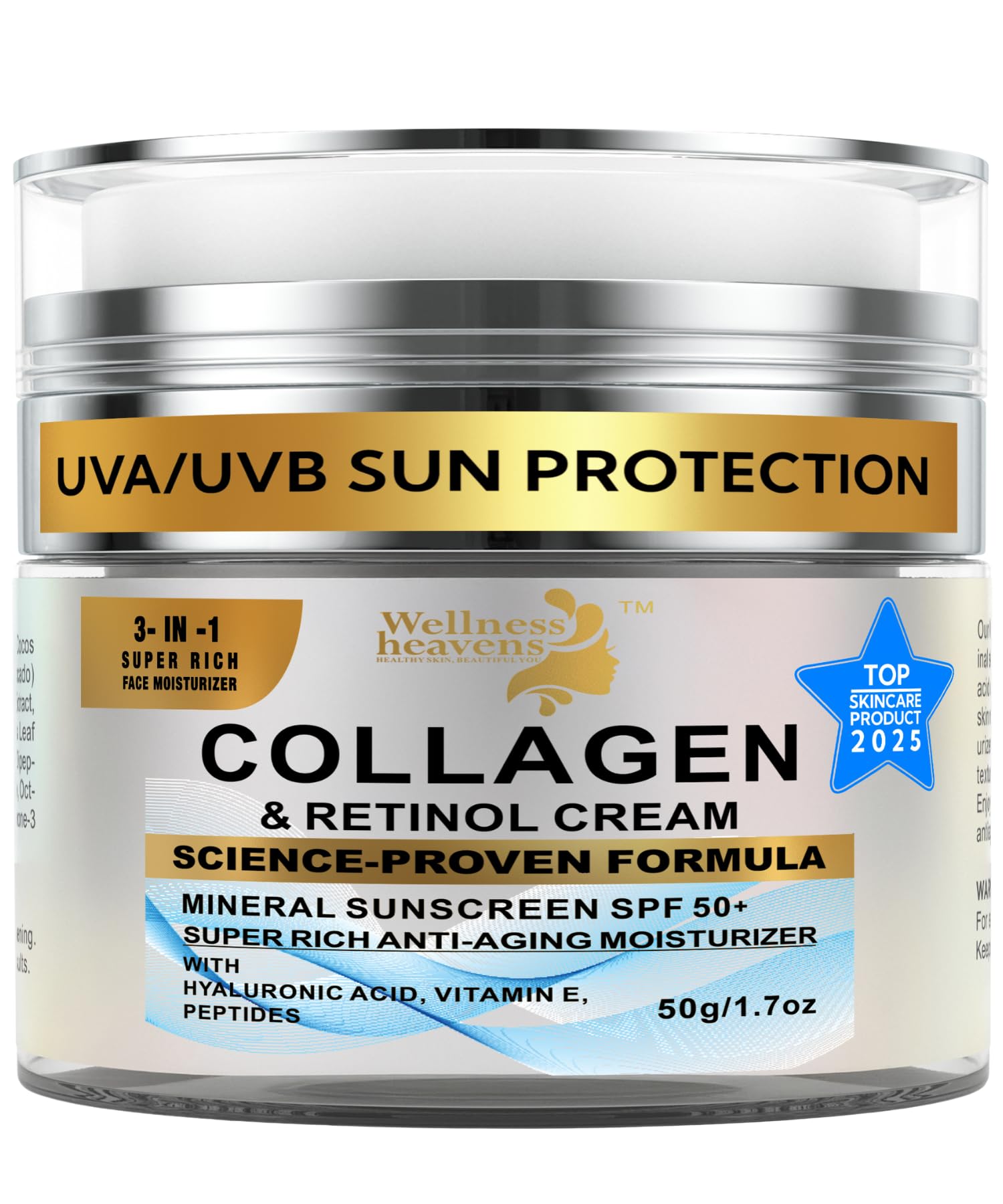 Wellness Heavens anti-aging moisturizer SPF 50 bottle for daily protection.