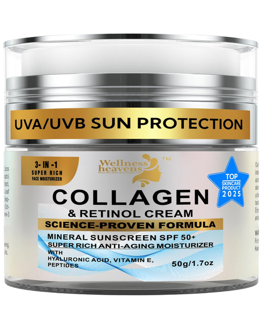 Wellness Heavens anti-aging moisturizer SPF 50 bottle for daily protection.