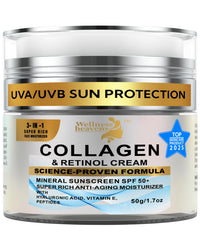 Wellness Heavens anti-aging moisturizer SPF 50 bottle for daily protection.