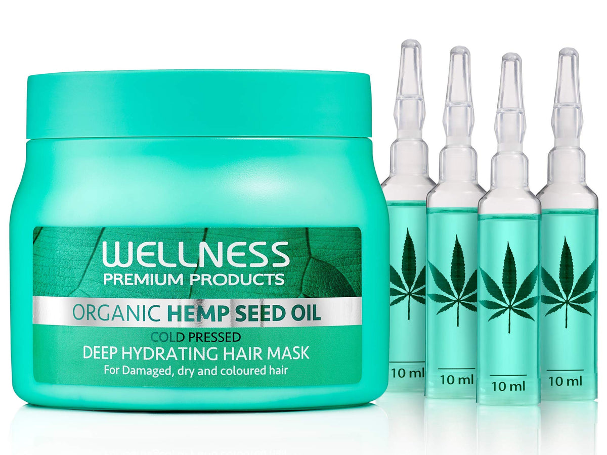 Wellness Premium hemp-seed-oil hair-mask bottle demonstrates deep hydration for dry hair.