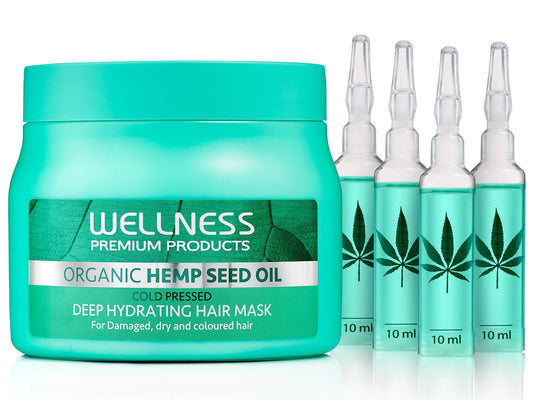 Wellness Premium hemp-seed-oil hair-mask bottle demonstrates deep hydration for dry hair.