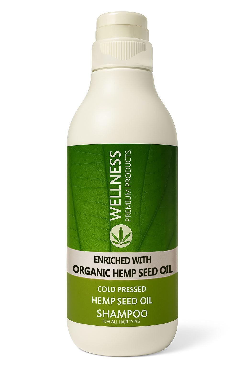 Wellness Premium Organic Hemp Shampoo bottle front for daily use and scalp nourishment.
