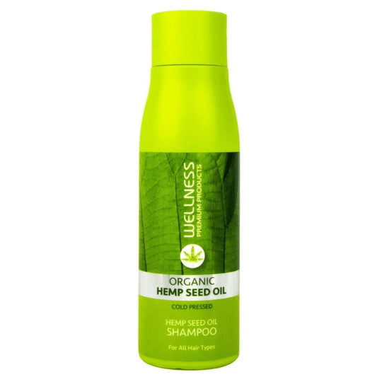 Wellness Premium Organic Hemp Shampoo bottle promotes shine and healthy-looking hair