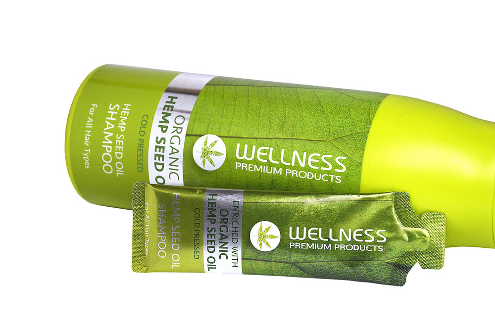 Wellness Premium Organic Hemp Shampoo lather in hand demonstrates cleansing and gentle care