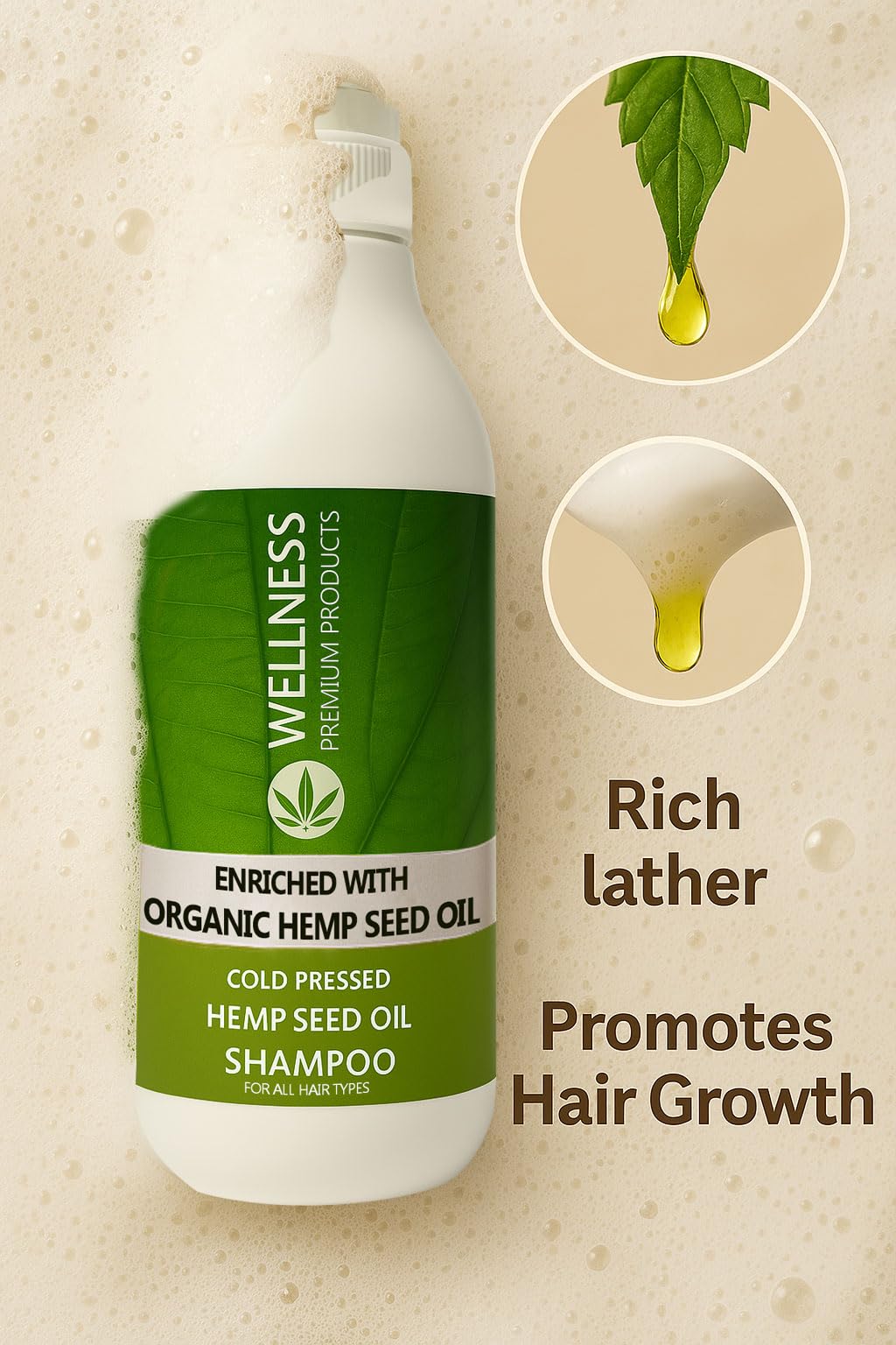 Wellness Premium Organic Hemp Shampoo vegan icon promoting sulfate-free formula for sensitive scalps.
