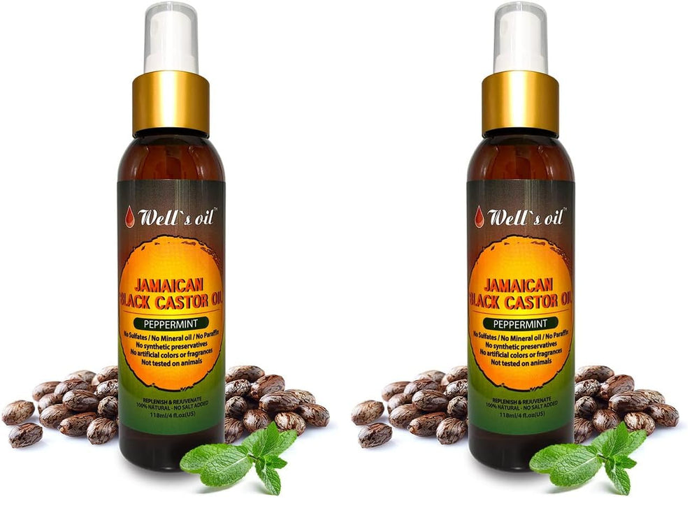 Well's Oil Peppermint Jamaican Black Castor Oil spray bottle for refreshing scalp care.