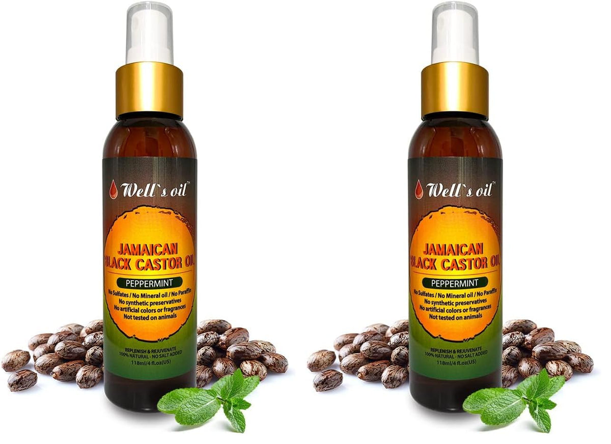 Well's Oil Peppermint Jamaican Black Castor Oil spray bottle for refreshing scalp care.