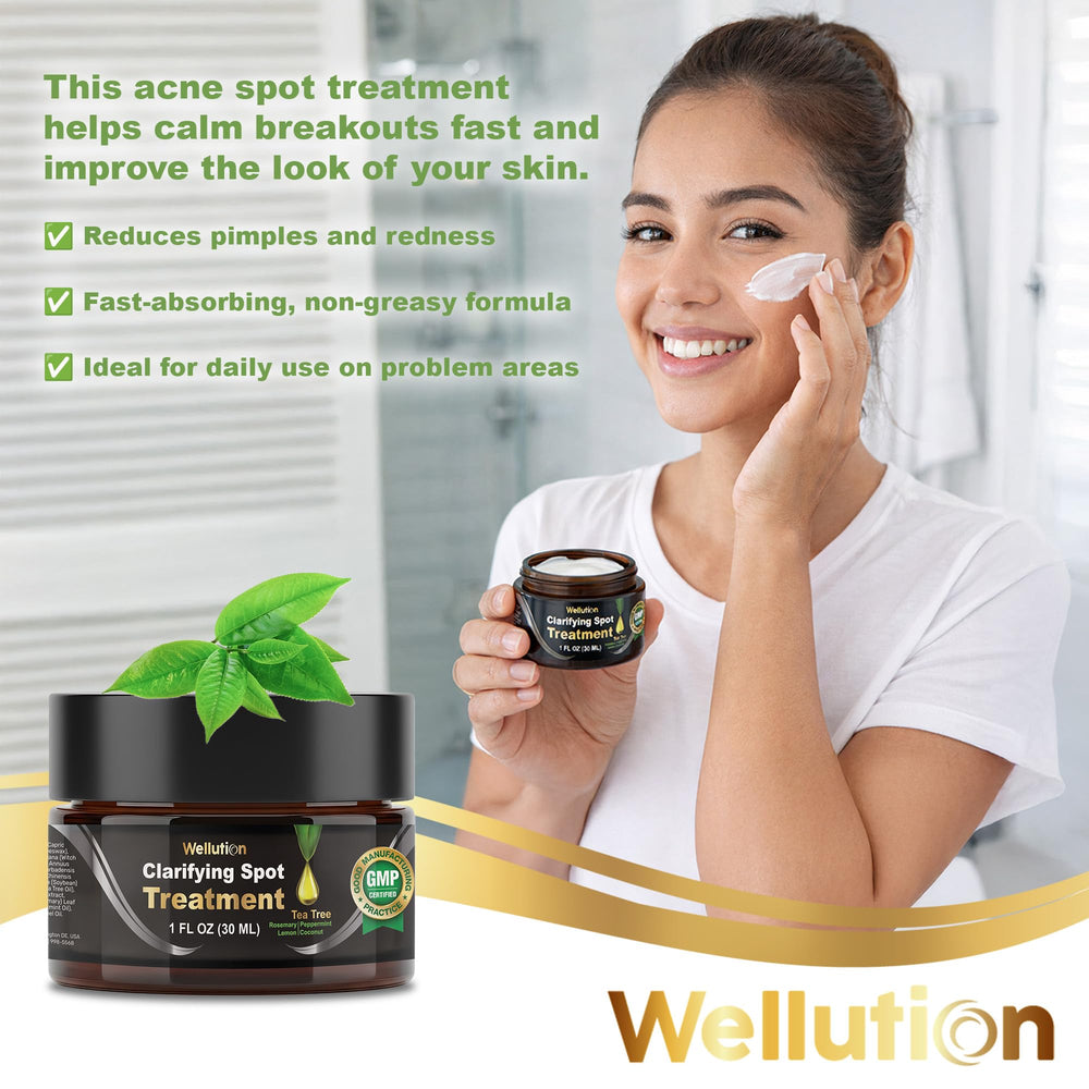 WELLUTION tea tree acne cream dab application showing fast-acting spot treatment